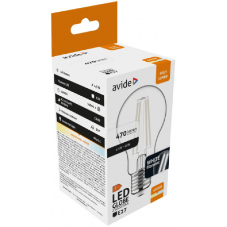Avide LED White Filament Σφαιρική 4.5W E27 NW 4000K