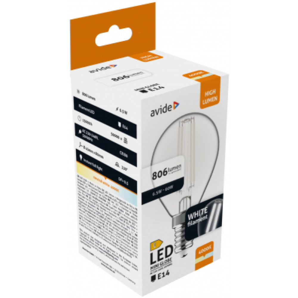 Avide LED White Filament Mini Σφαιρική 6.5W E14 NW 4000K