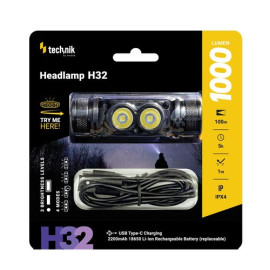 Technik Φακός Κεφαλής H32 με Μπαταρία 1x18650 OSRAM P9 & USB-C 1000lm